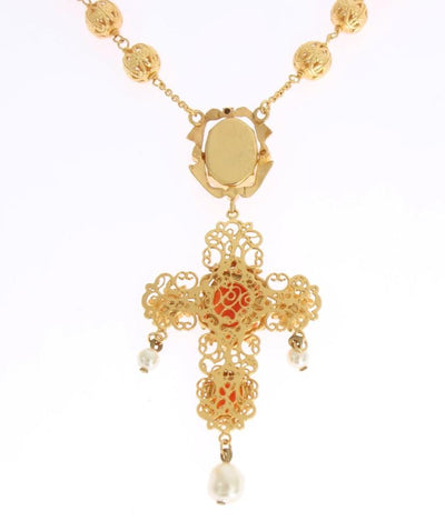 Gold Brass SICILY Cross Pearl Statement Necklace