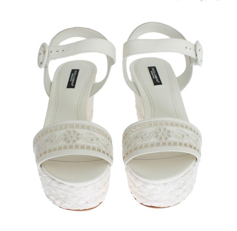 White Leather Cutout Wedges Sandals