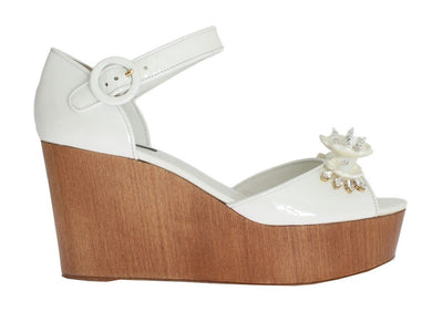White Leather Crystal Wedges Sandals