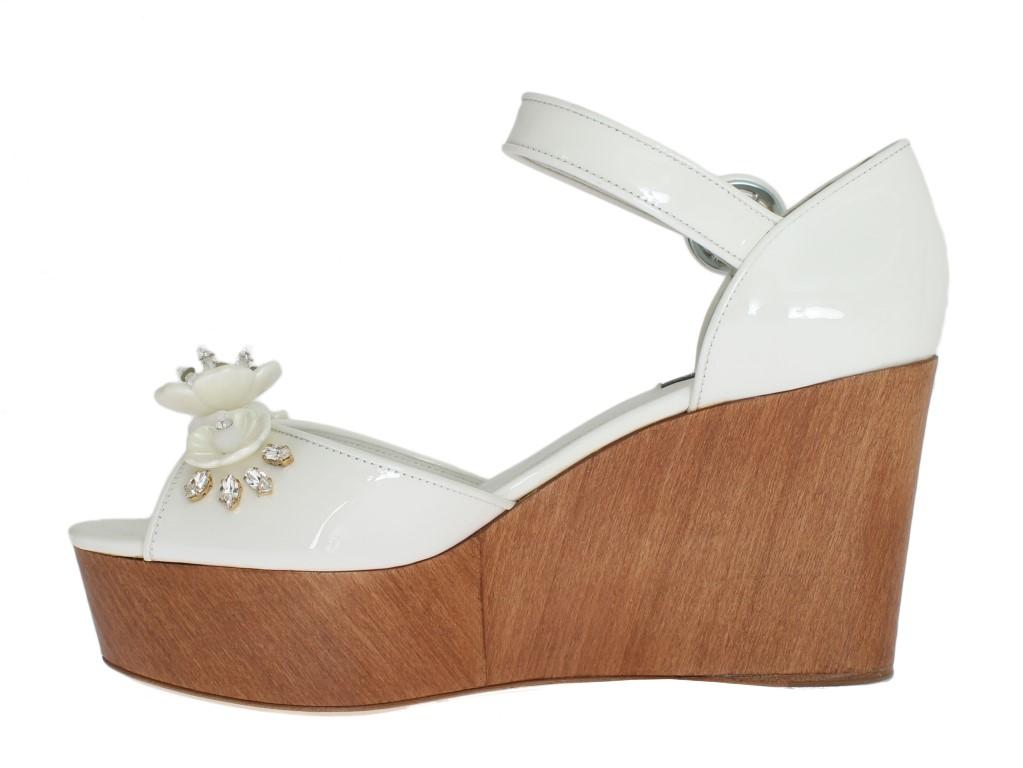 White Leather Crystal Wedges Sandals