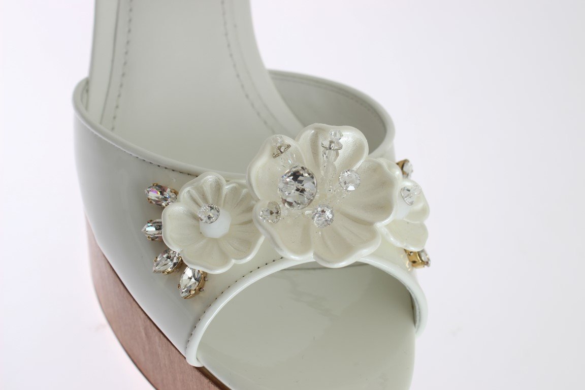White Leather Crystal Wedges Sandals