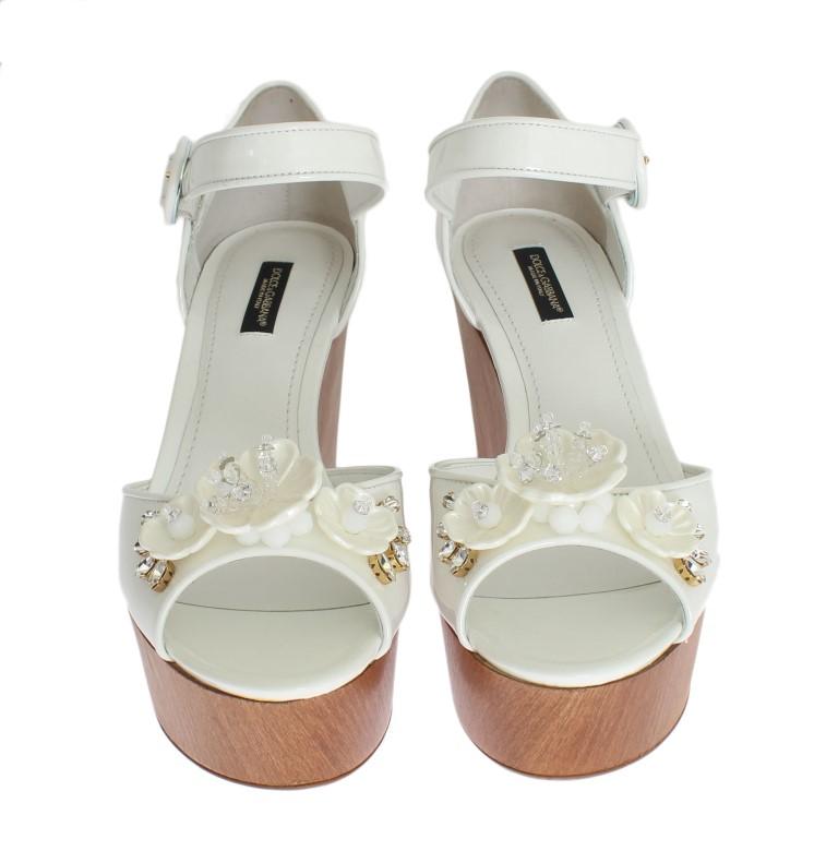 White Leather Crystal Wedges Sandals