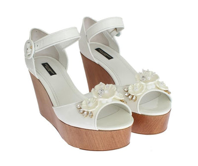 White Leather Crystal Wedges Sandals