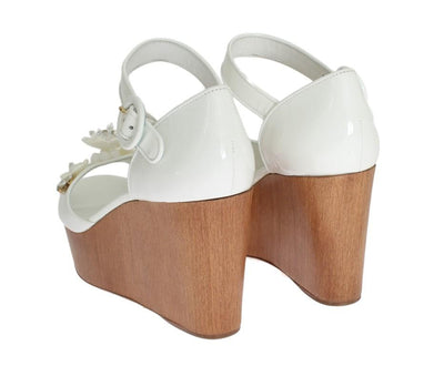 White Leather Crystal Wedges Sandals