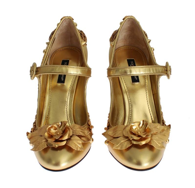 Gold Leather Floral Studded Pumps