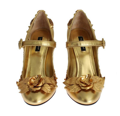 Gold Leather Floral Studded Pumps