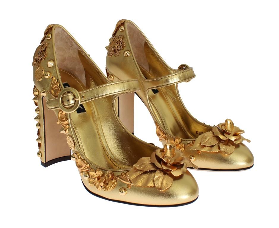 Gold Leather Floral Studded Pumps