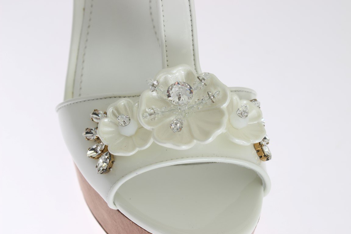 White Leather Crystal Wedges Sandals