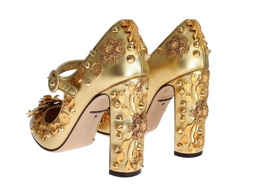 Gold Leather Floral Studded Pumps