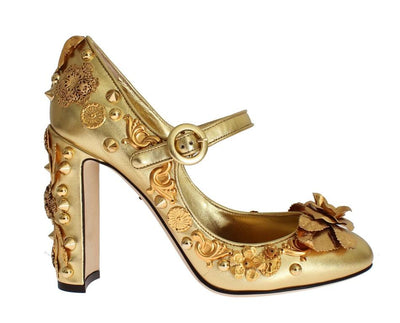 Gold Leather Floral Studded Pumps