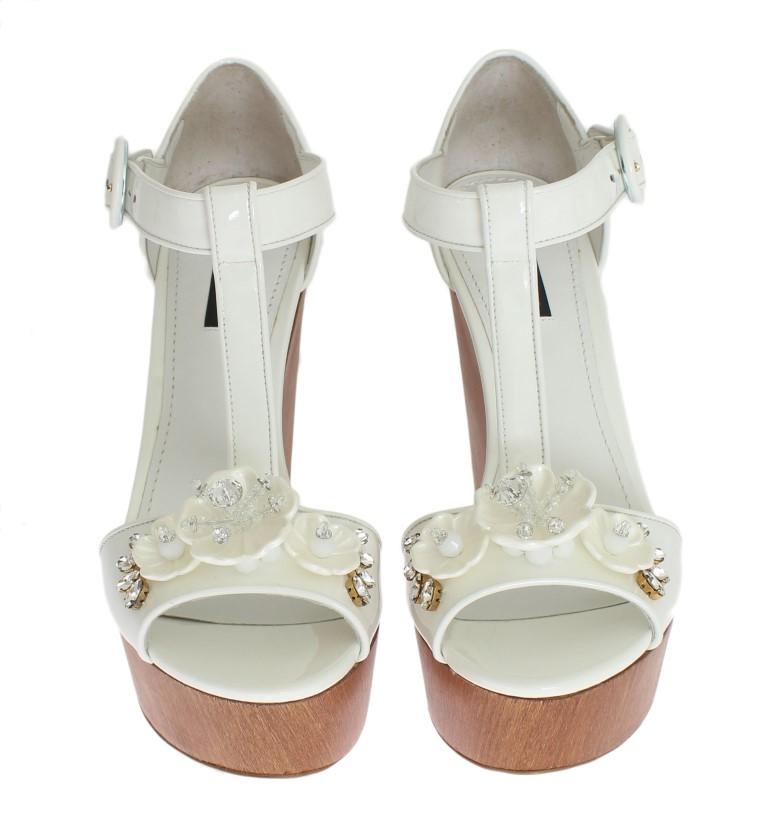 White Leather Crystal Wedges Sandals