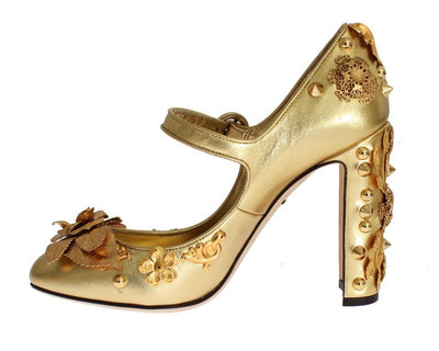 Gold Leather Floral Studded Pumps