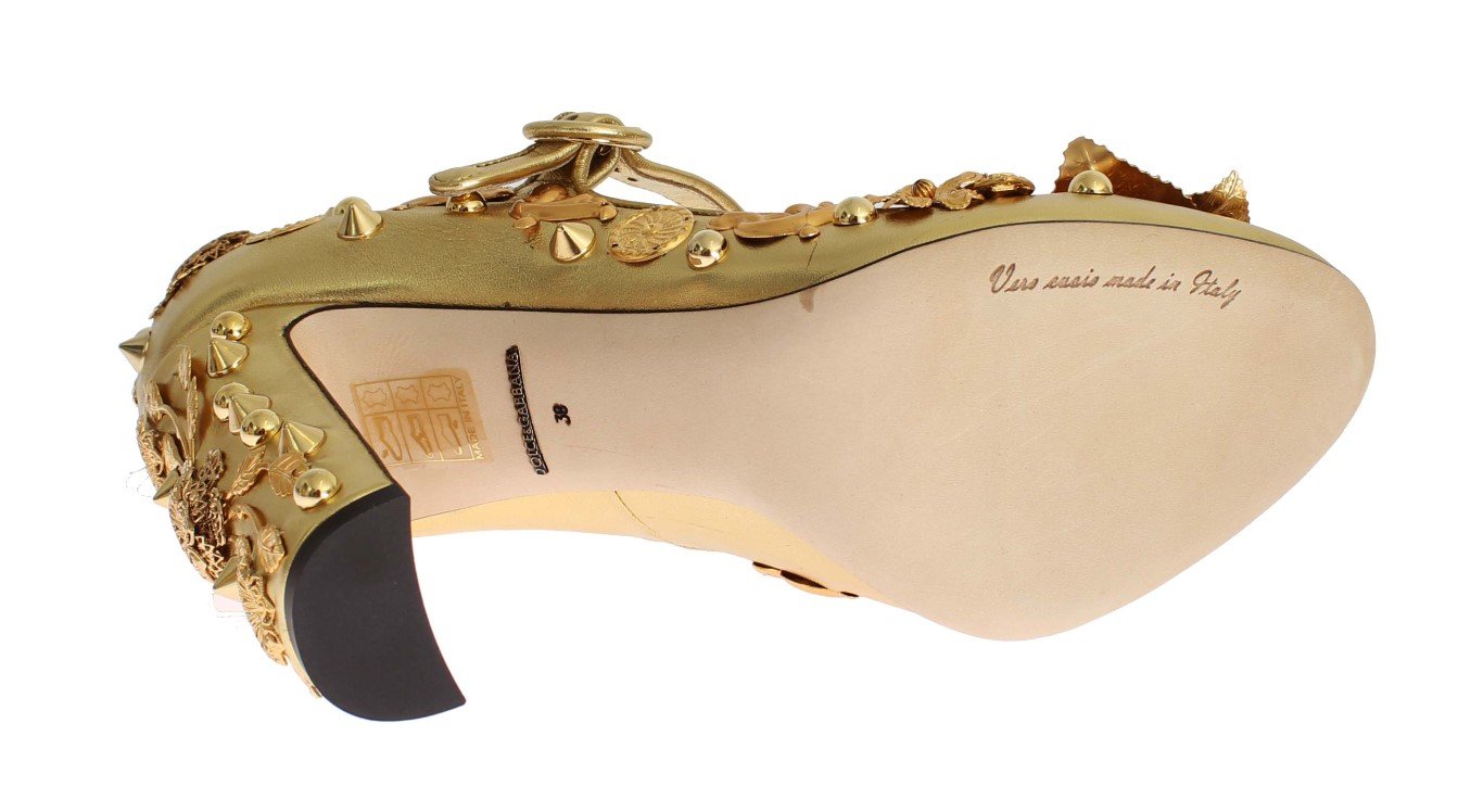 Gold Leather Floral Studded Pumps
