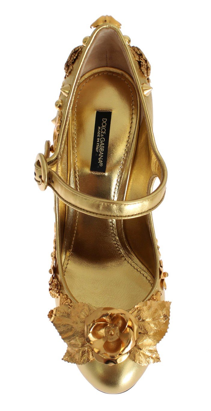 Gold Leather Floral Studded Pumps
