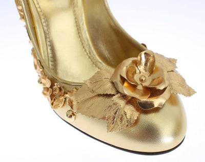 Gold Leather Floral Studded Pumps