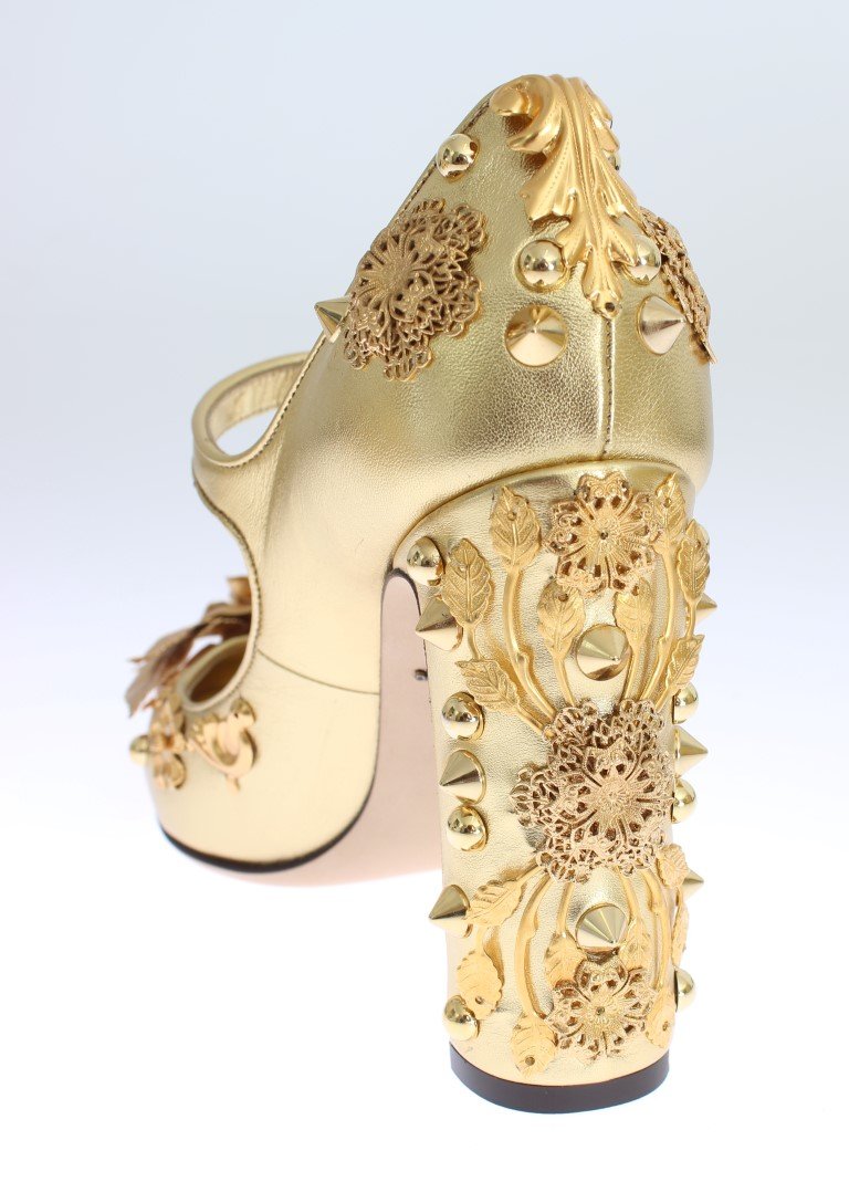 Gold Leather Floral Studded Pumps