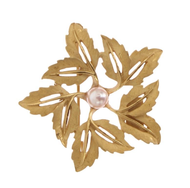 Gold Brass Pearl Leafes SICILY Brooch