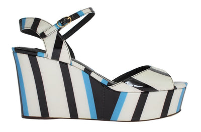 Blue Striped Leather Wedges Sandals