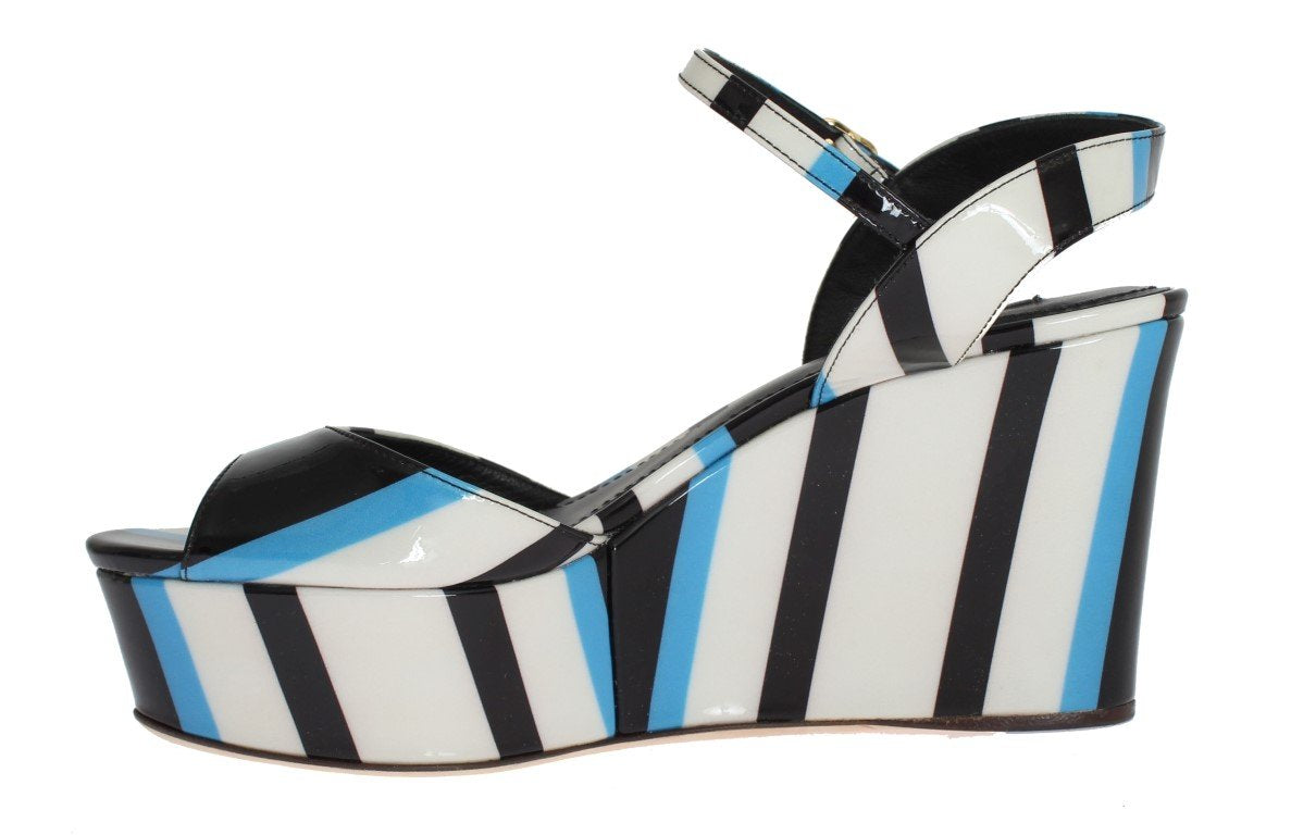 Blue Striped Leather Wedges Sandals