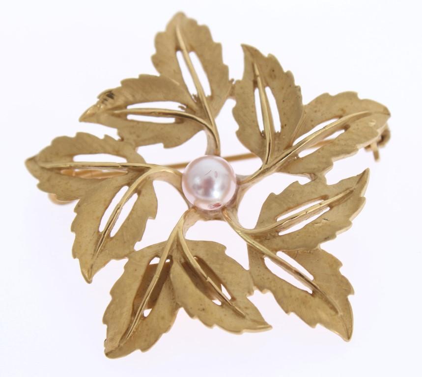 Gold Brass Pearl Leafes SICILY Brooch