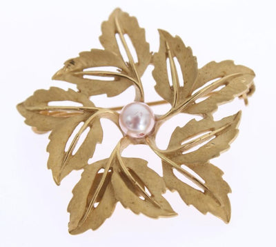 Gold Brass Pearl Leafes SICILY Brooch