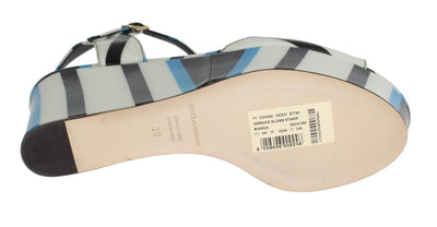 Blue Striped Leather Wedges Sandals