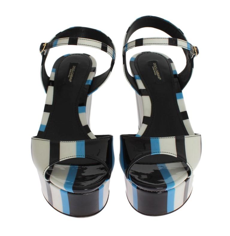 Blue Striped Leather Wedges Sandals