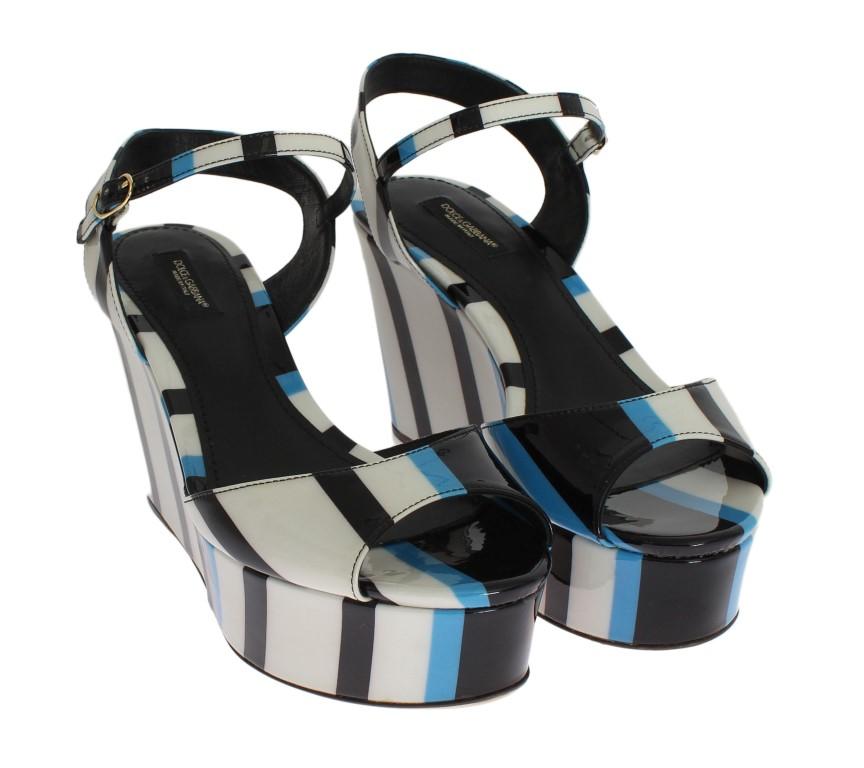 Blue Striped Leather Wedges Sandals