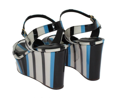 Blue Striped Leather Wedges Sandals