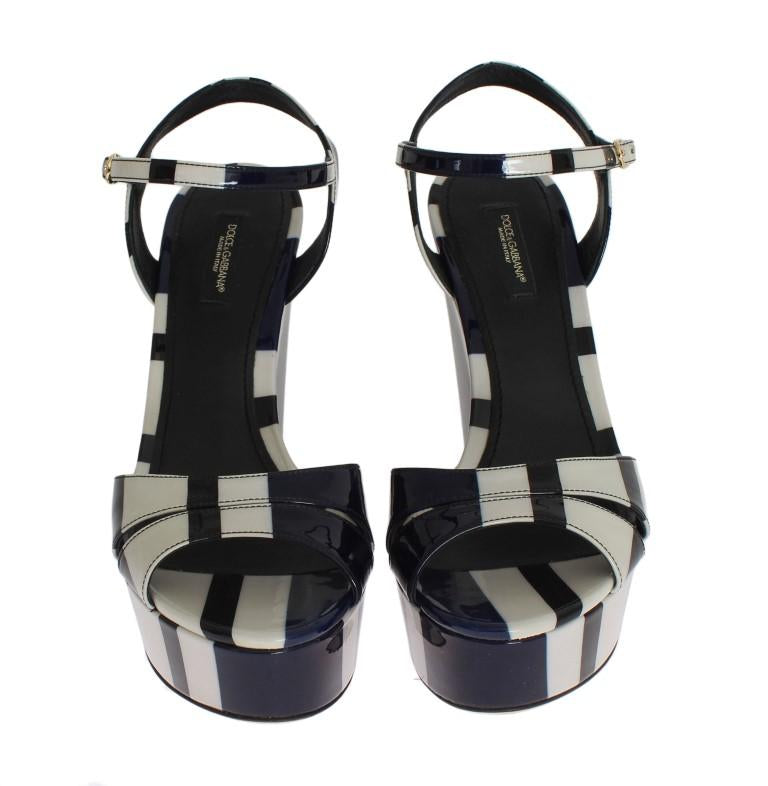 Black White Striped Leather Wedges Sandals