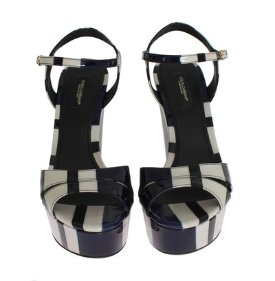 Black White Striped Leather Wedges Sandals