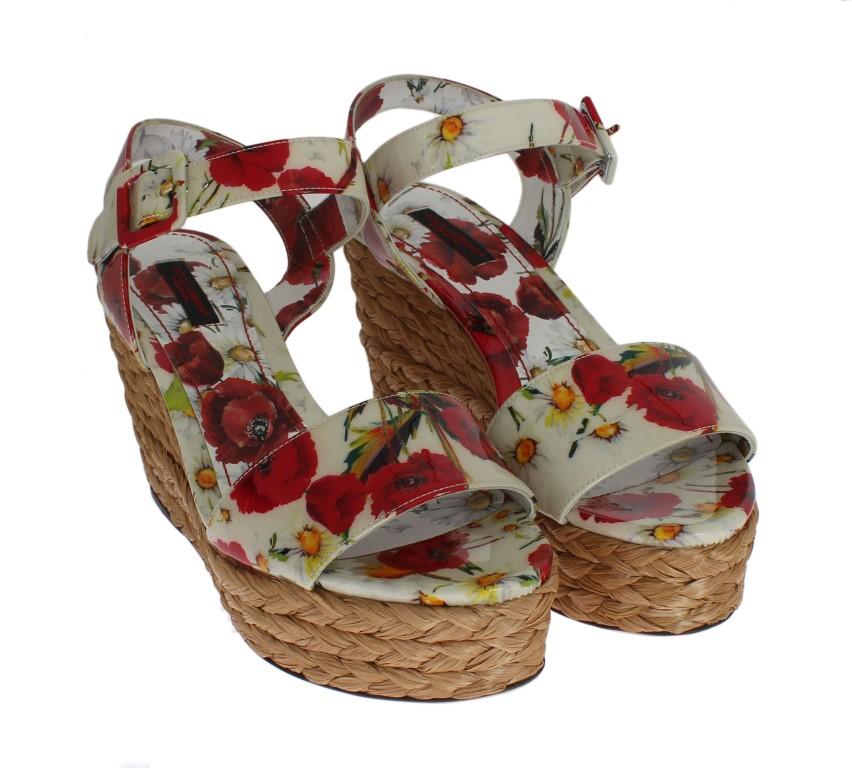 Floral Leather Straw Wedges Sandals