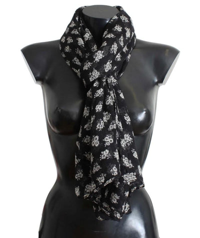 Black White Floral Print Silk Scarf