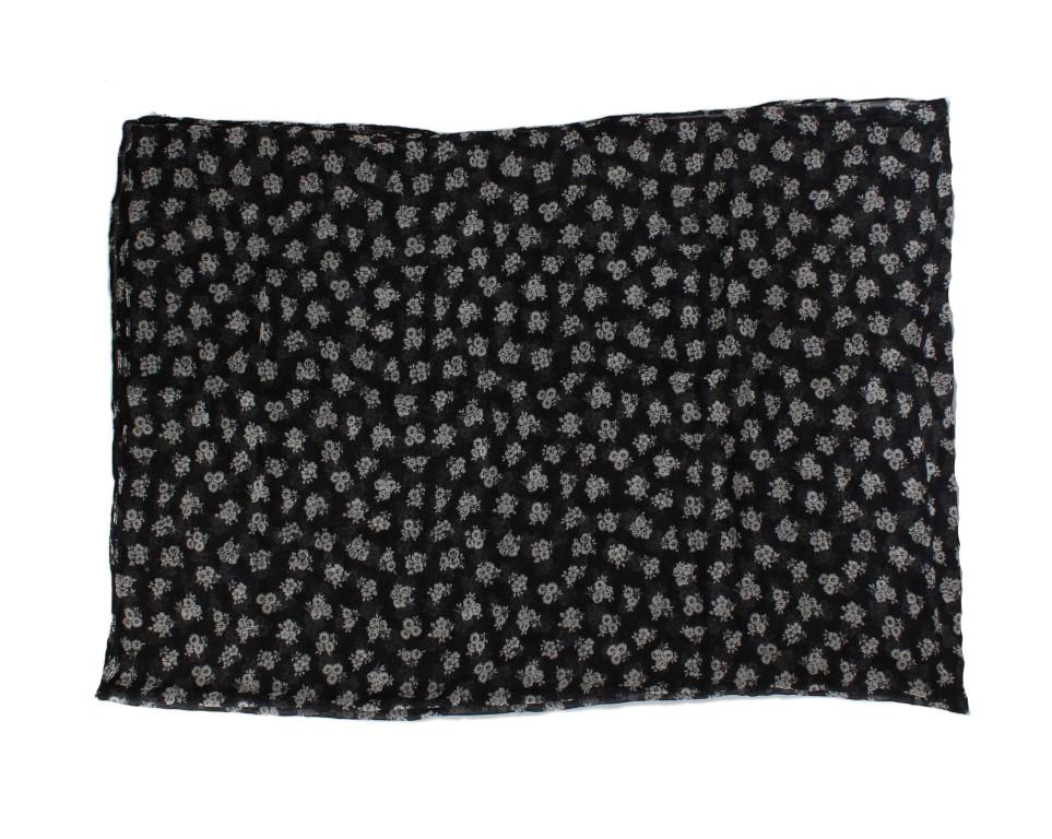 Black White Floral Print Silk Scarf