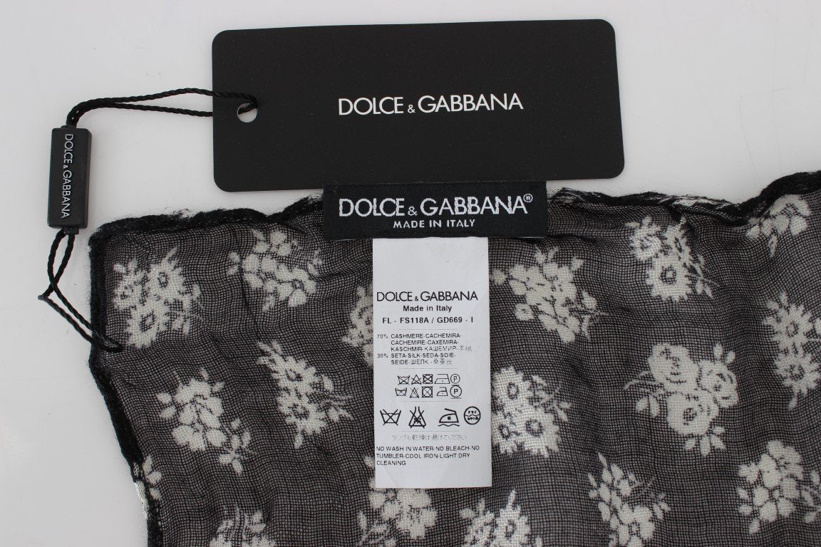 Black White Floral Print Silk Scarf