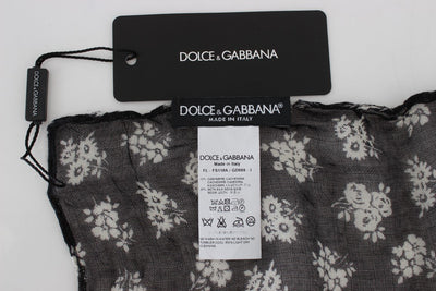 Black White Floral Print Silk Scarf