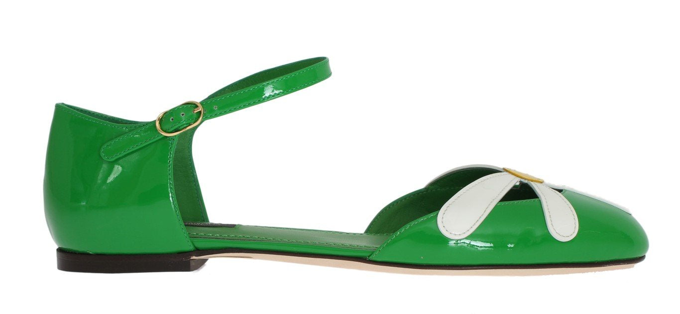 Green Leather Floral Ballerina Shoes