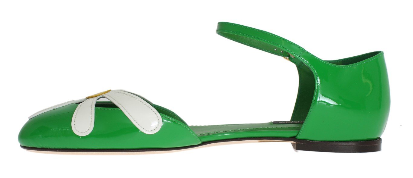Green Leather Floral Ballerina Shoes