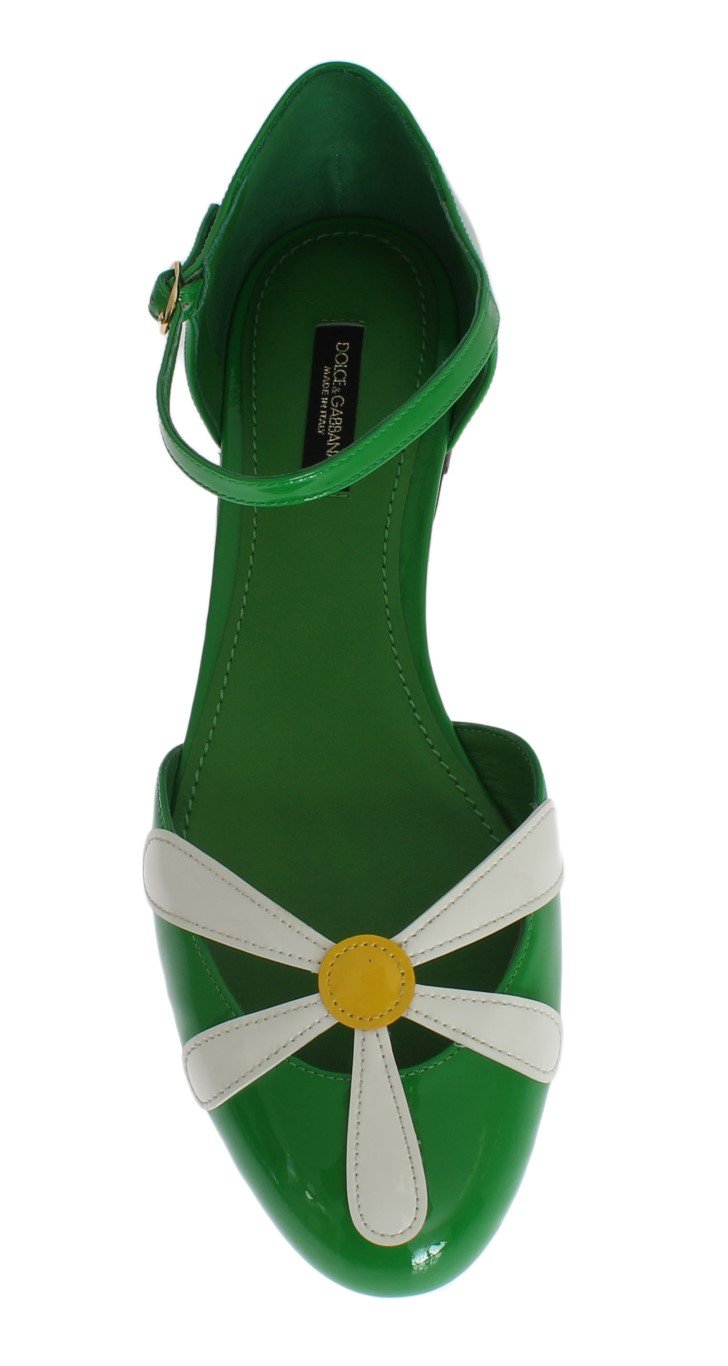 Green Leather Floral Ballerina Shoes