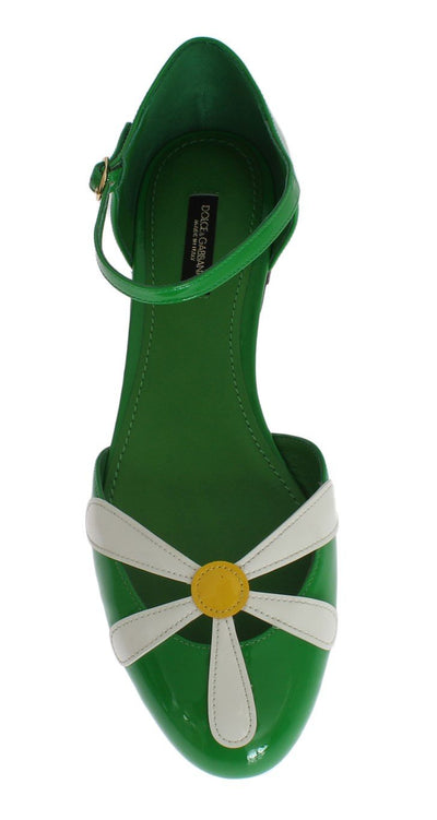 Green Leather Floral Ballerina Shoes