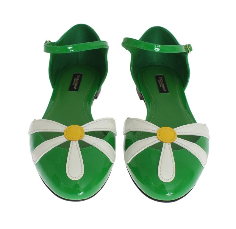 Green Leather Floral Ballerina Shoes