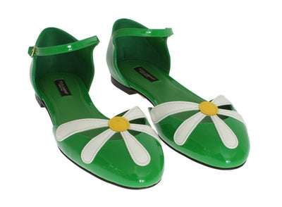 Green Leather Floral Ballerina Shoes