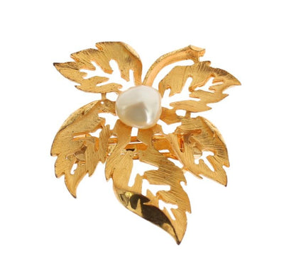 Gold Brass Leaf White Pearl Hair Clip