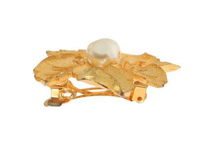 Gold Brass Leaf White Pearl Hair Clip