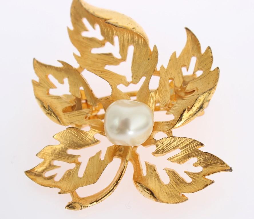 Gold Brass Leaf White Pearl Hair Clip