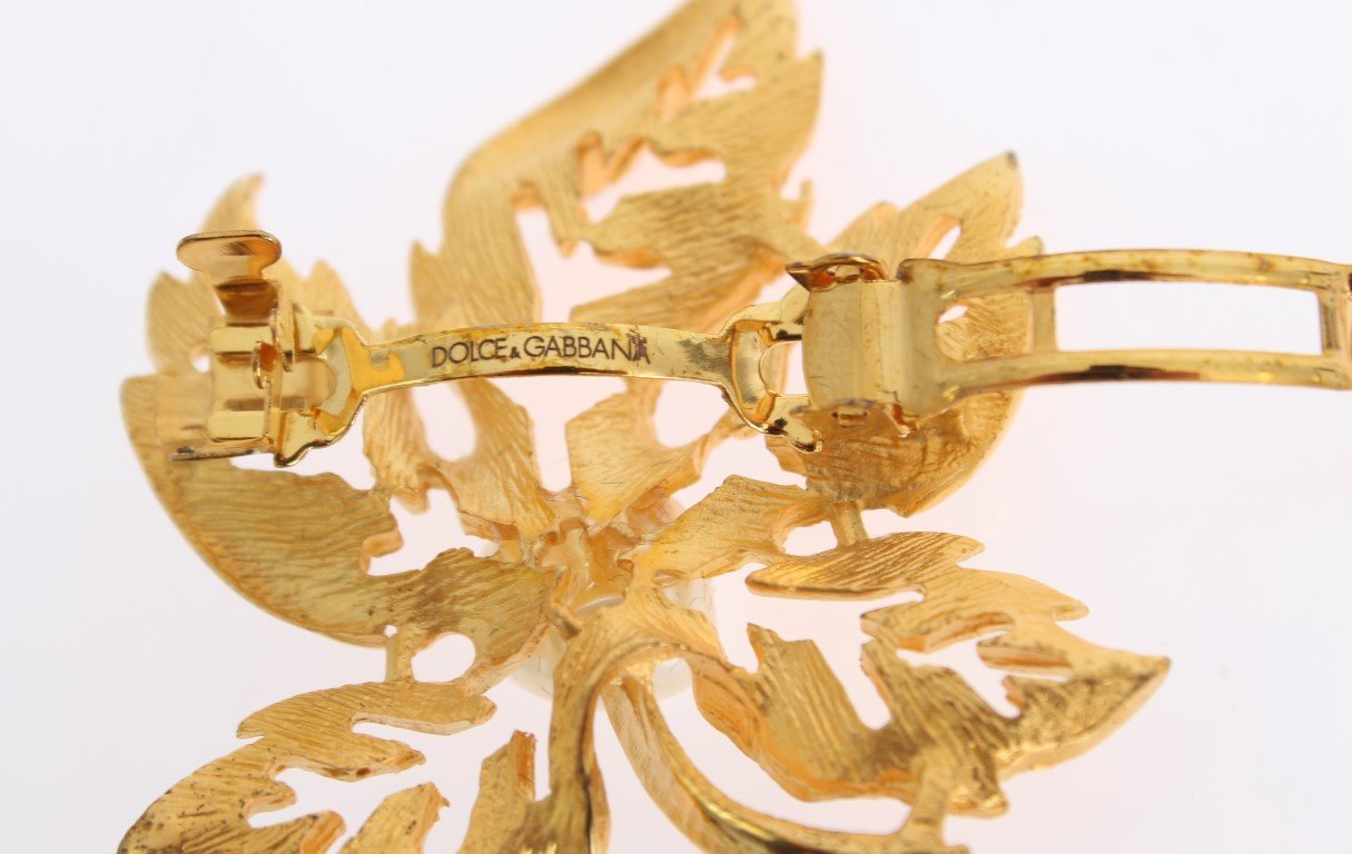 Gold Brass Leaf White Pearl Hair Clip
