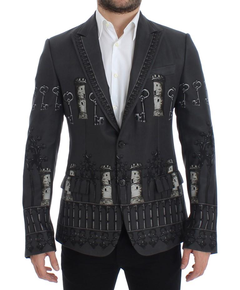 Gray silk knight two button blazer