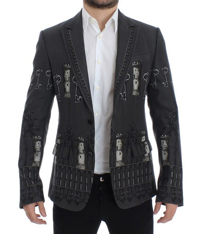 Gray silk knight two button blazer