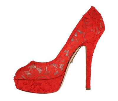 Red Floral Lace Platform Pumps