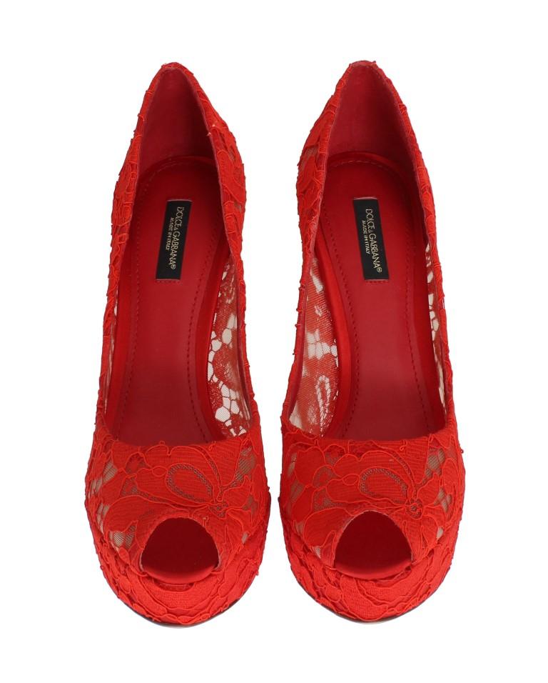 Red Floral Lace Platform Pumps